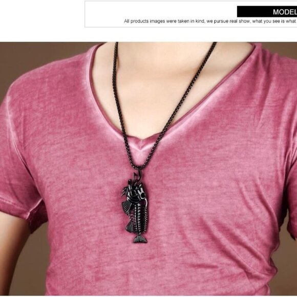 Fish Bone Necklace Unisex Hypoallergenic Stainless Steel Venetian Chain Jewelry - Picture 2 of 7